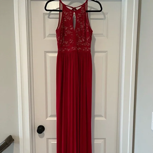 knee length dresses for ladies Sheer Lace Fishtail Gown in Cherry Red - 14